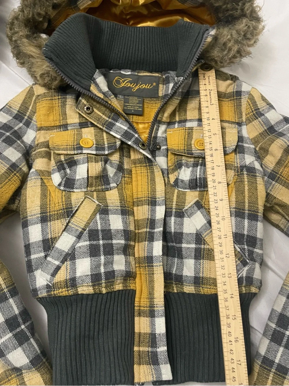 Yellow Plaid Joujou Y2K Hooded Jacket with Faux-Fur Trim